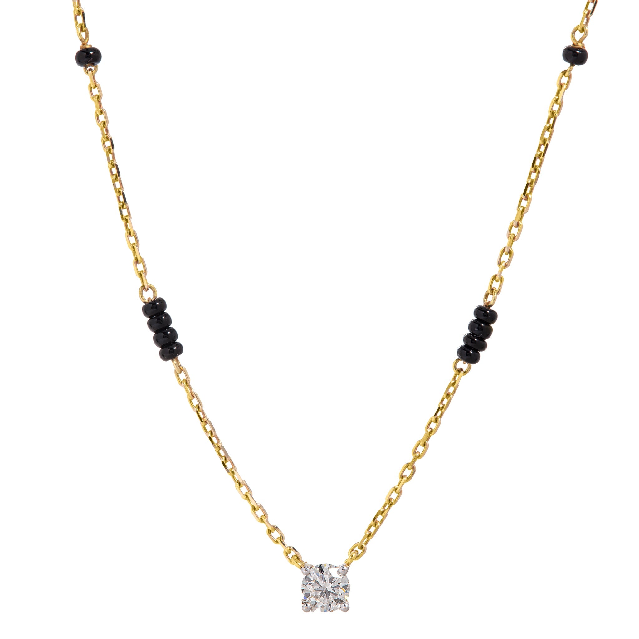 Close-up of round-shaped lab-grown diamond pendant on The Always mangalsutra necklace, 18k gold chain with black beads on white background.