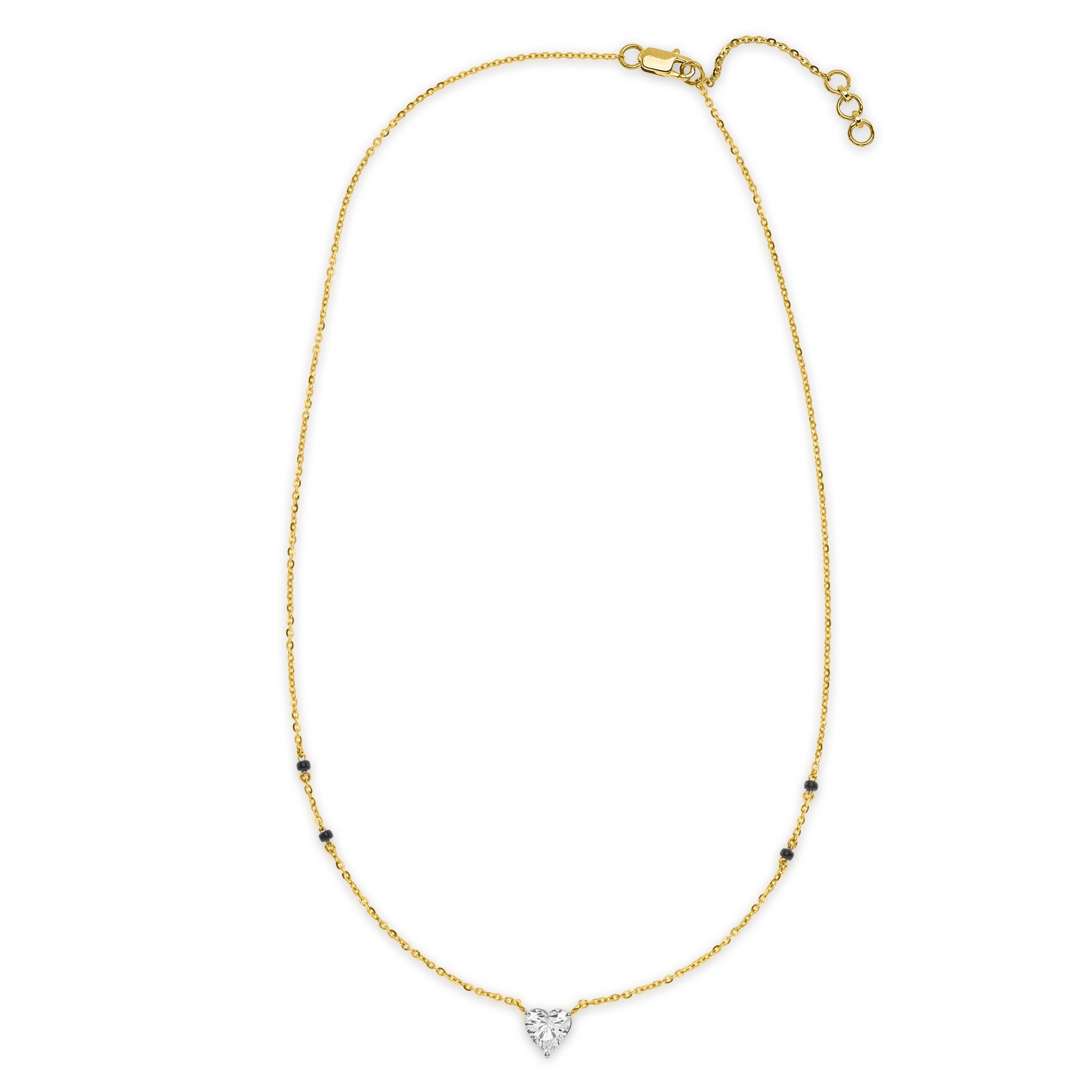 The Forever mangalsutra necklace in 18k gold with heart-shaped lab-grown diamond pendant and black beads, lobster clasp closure, on white background
