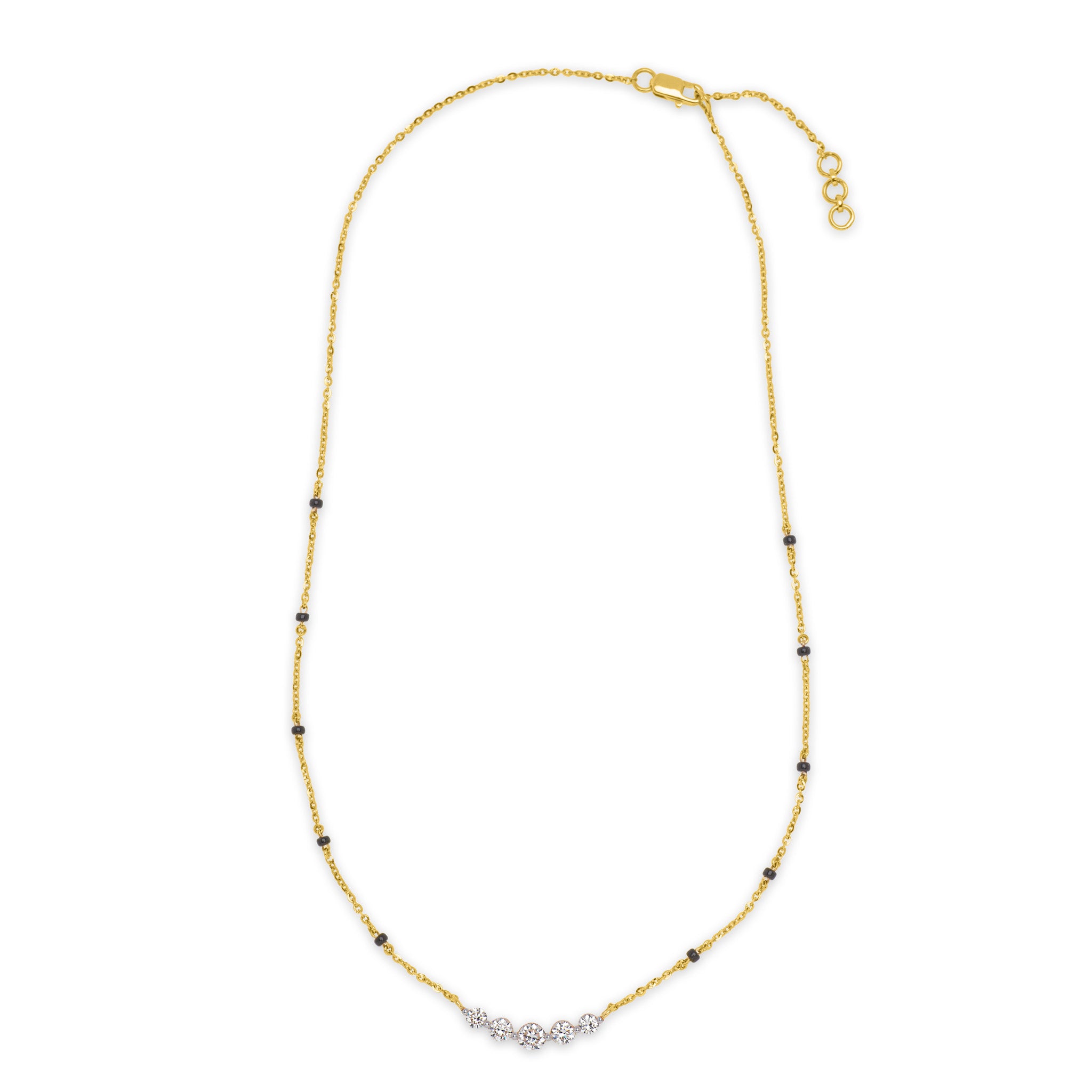 The Legacy mangalsutra necklace in 18k gold with five round graduated diamond pendant and black beads, lobster clasp closure, on white background.
