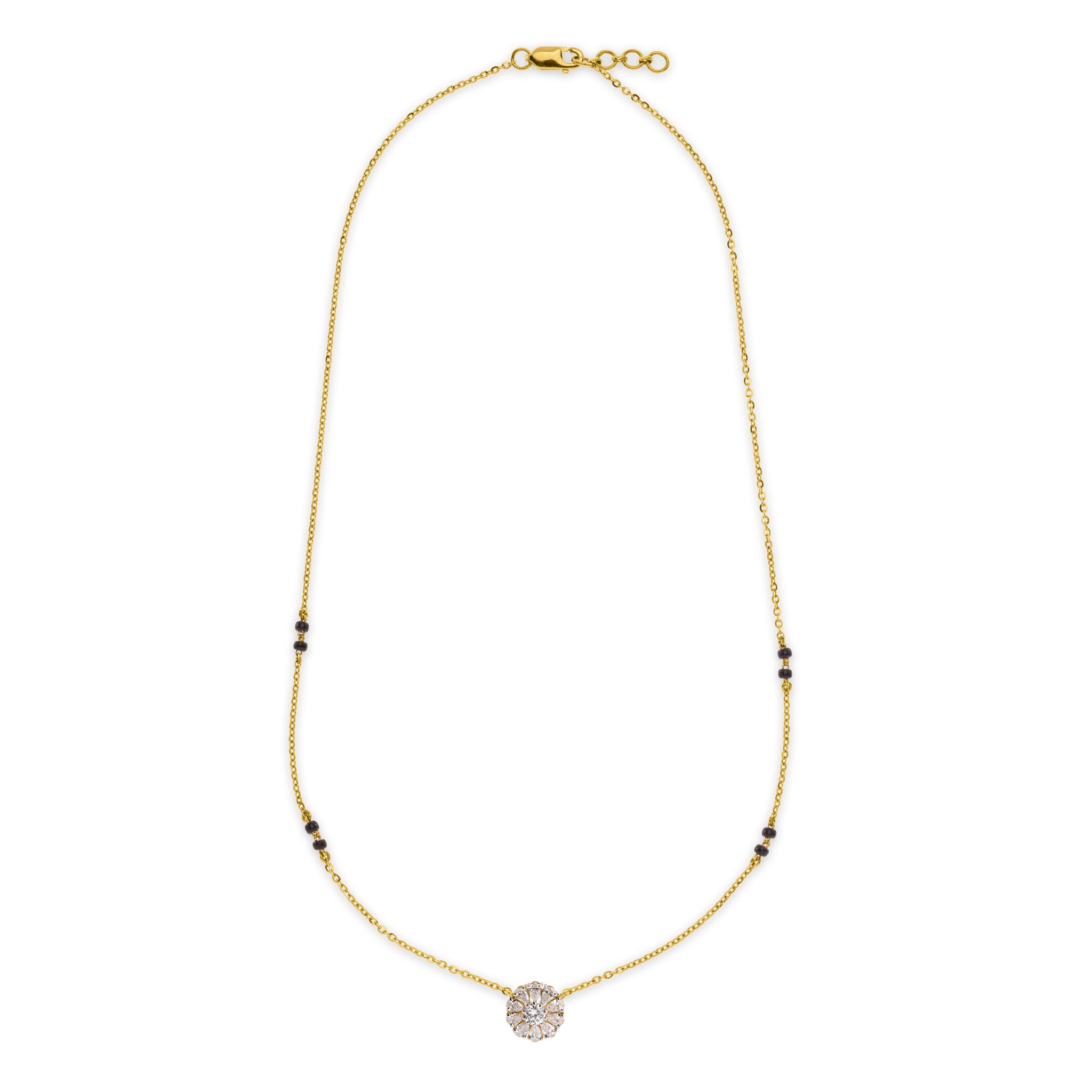 The Promise mangalsutra necklace in 18k gold with flower-shaped pendant of round and pear lab grown diamonds and black beads, lobster clasp closure, on white background
