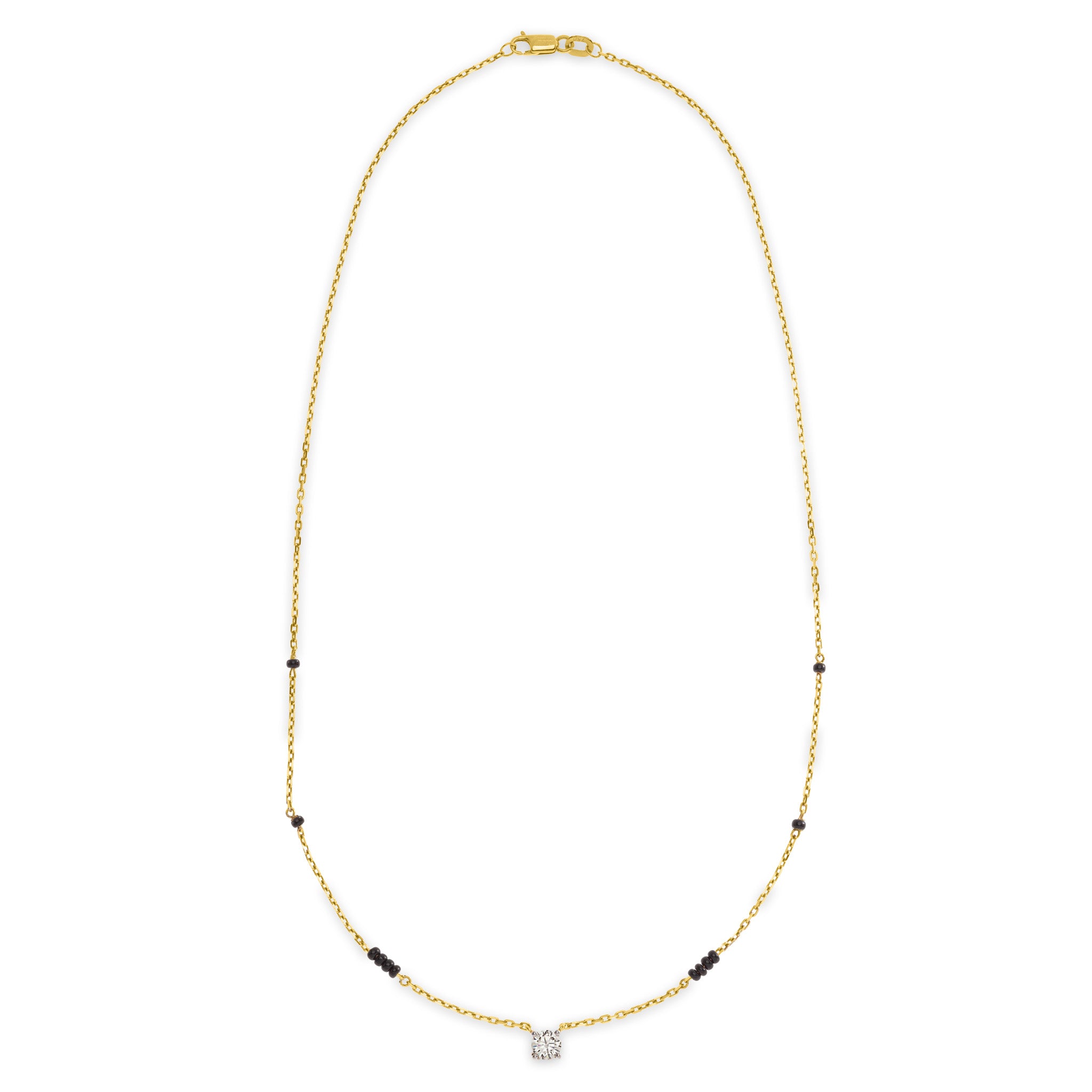 The Always mangalsutra necklace in 18k gold with round-shaped lab-grown diamond pendant and black beads, lobster clasp closure, on white background