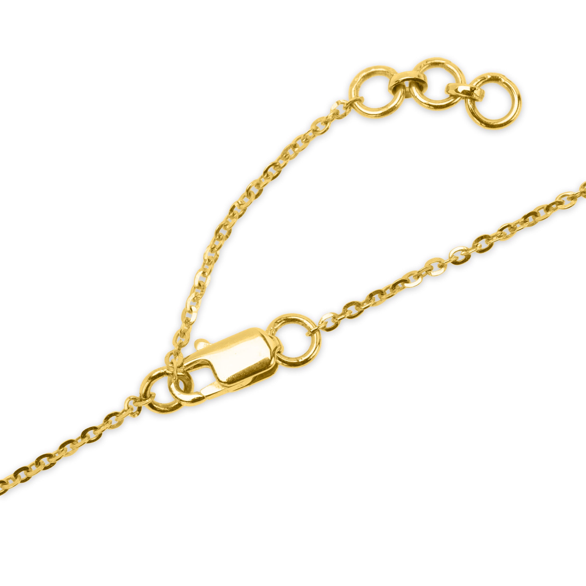 Close-up of 18k gold cable chain clasp on The Forever mangalsutra necklace, with lobster clasp closure and extender chain, on white background.