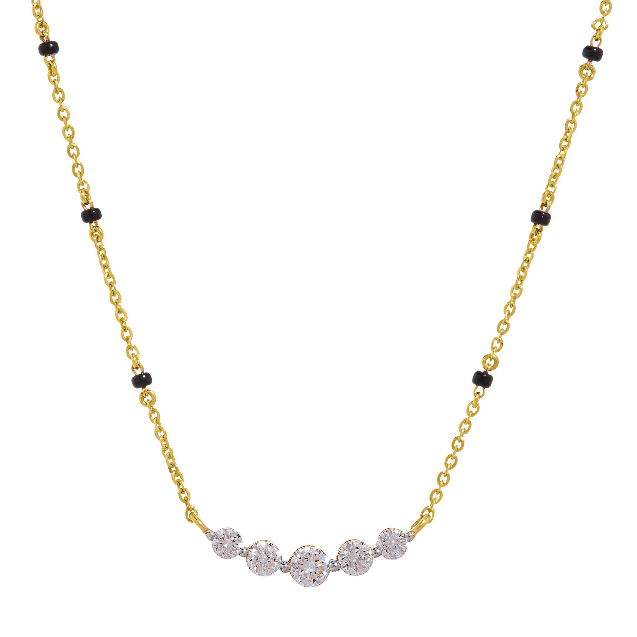 Close-up of 5 round graduated lab-grown diamond pendant on The Legacy mangalsutra necklace, 18k gold chain with black beads on white background.