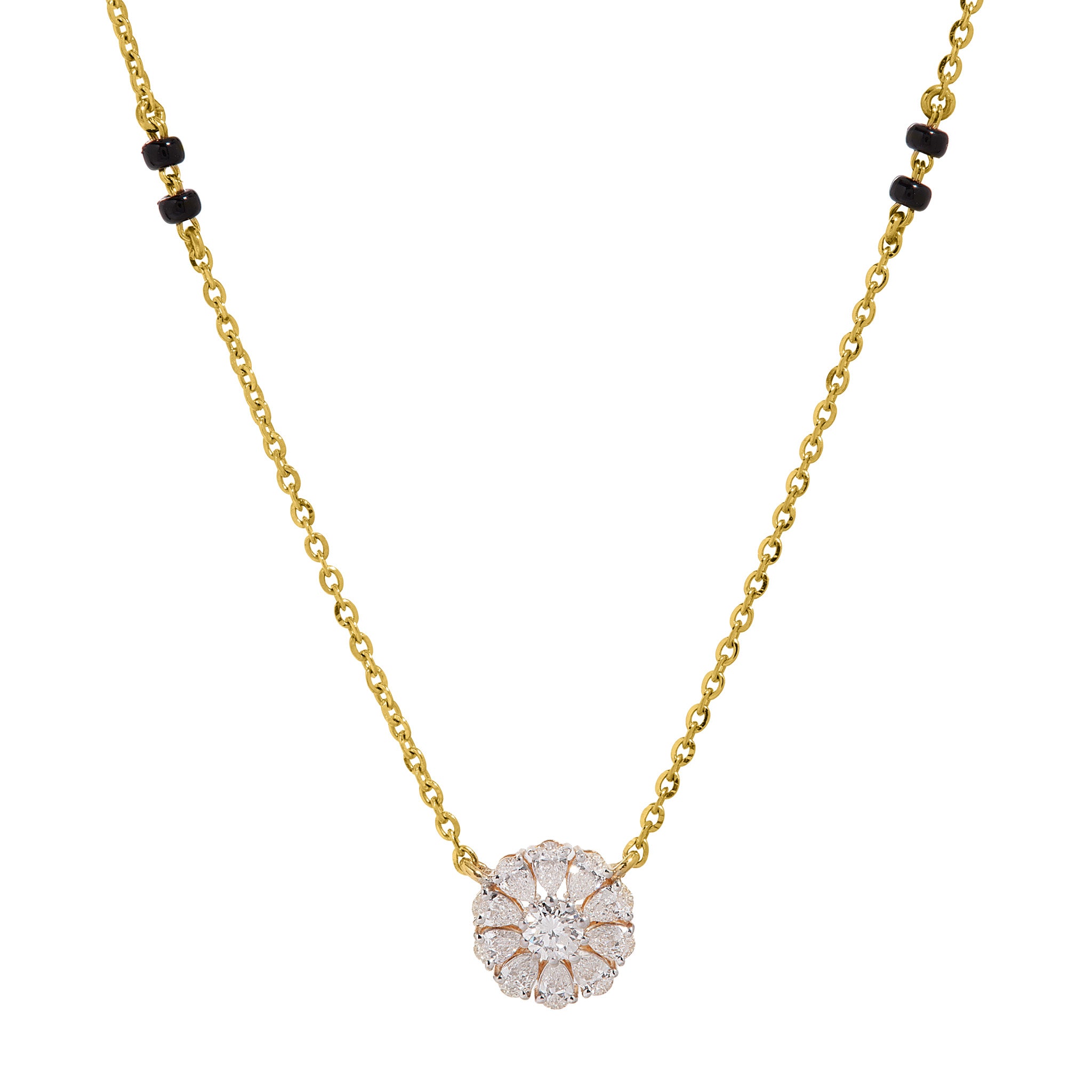 Close-up of flower-shaped pendant made of round and pear lab-grown diamonds on The Promise mangalsutra necklace, 18k gold chain with black beads on white background
