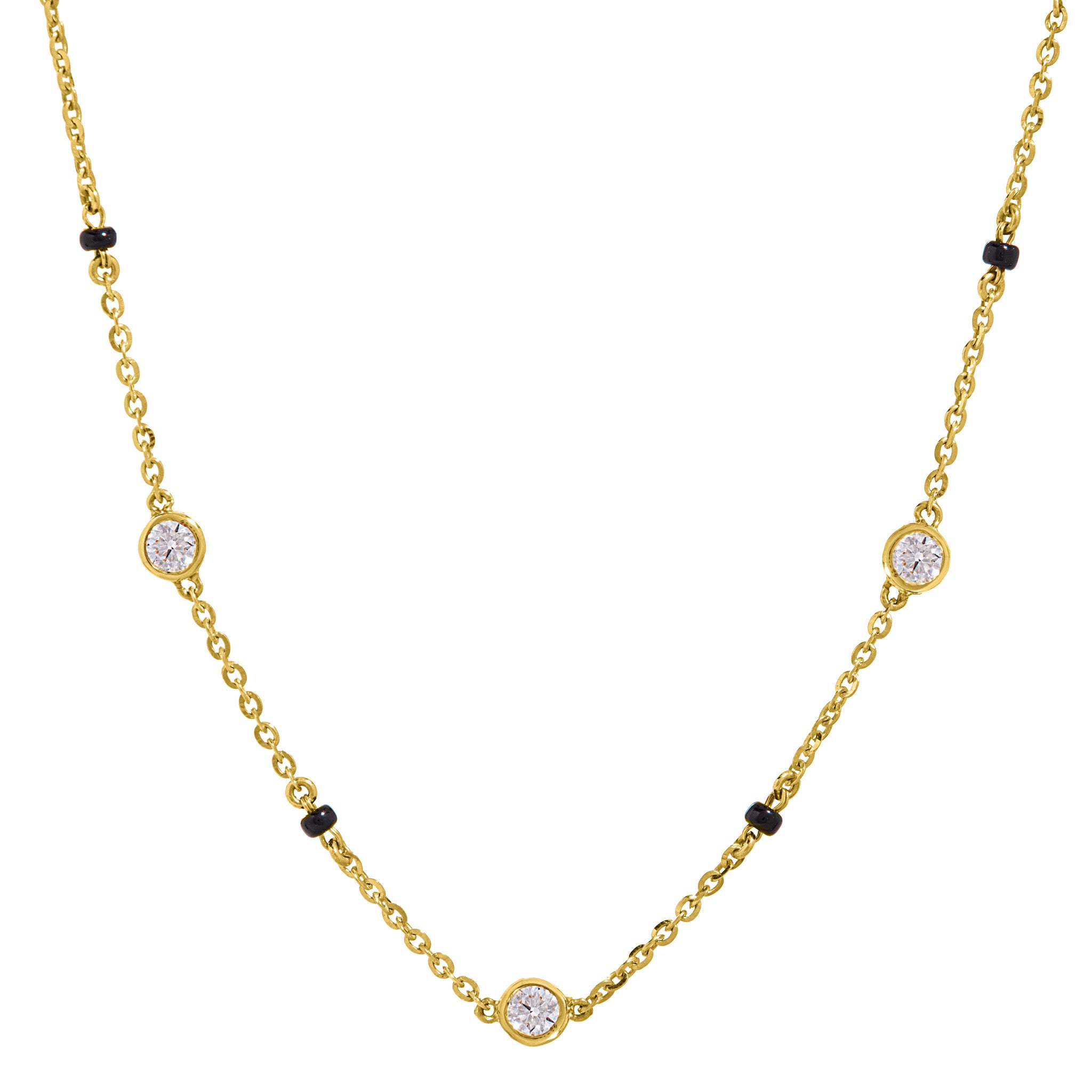 Close-up of station necklace with lab-grown diamonds pendant on The Unity mangalsutra necklace, 18k gold chain with black beads on white background